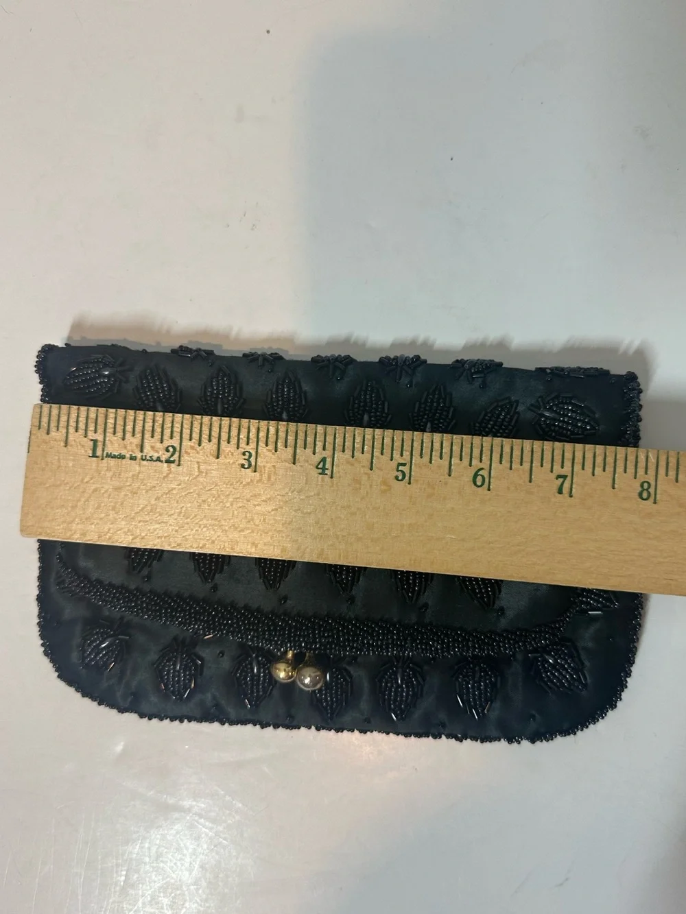 VINTAGE Black Satin Beaded Fold Over Clutch Bag with Brass Kiss Lock Closure